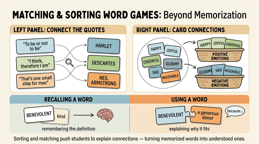 Infographic showing word-matching games: connecting quotes to authors and sorting emotion cards, contrasting recall with understanding.