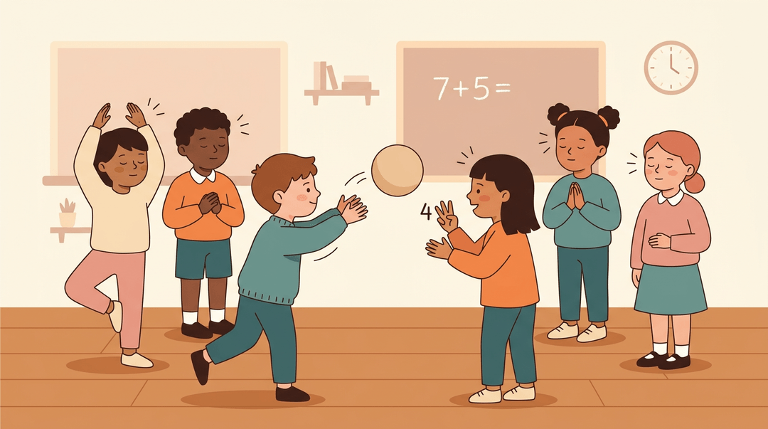 Six focused elementary students stand in a silent circle, one tossing a ball while another holds up four fingers.
