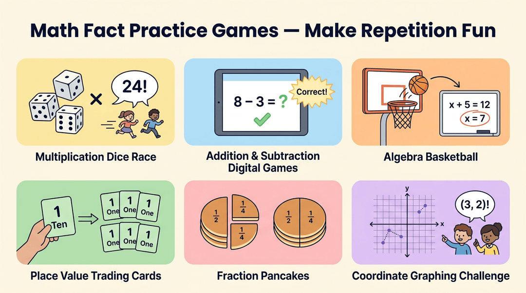 An infographic showing six math practice games including dice races, digital quizzes, and fraction pancakes with simple vector illustrations.