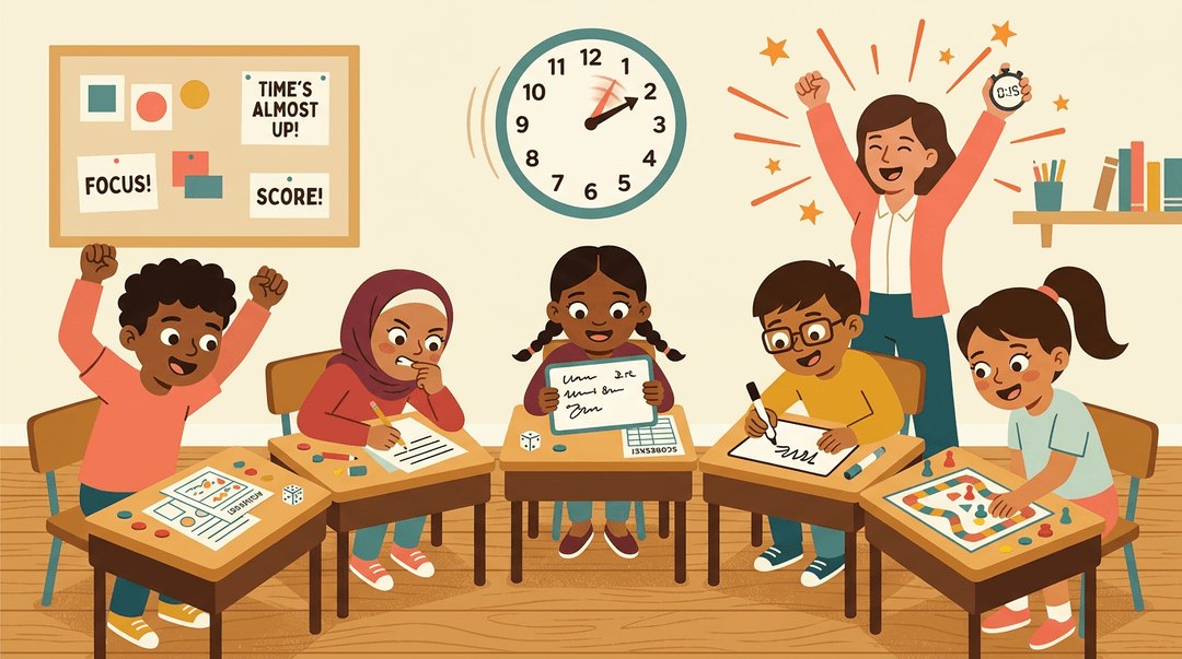 Diverse students race against a clock while a teacher cheers with a stopwatch in an energetic classroom.