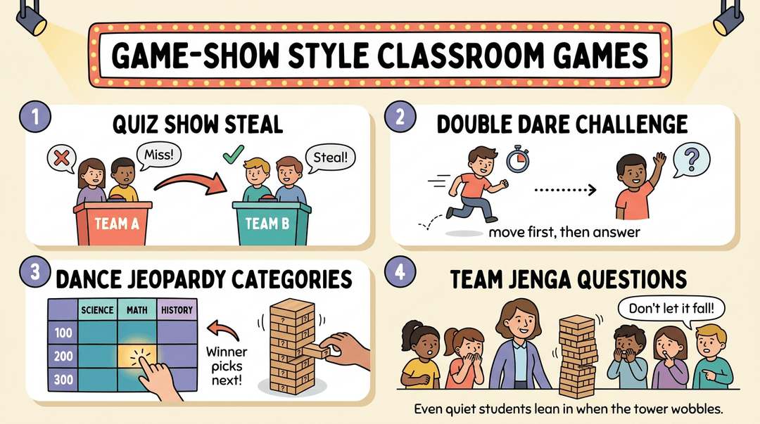 Illustration of four game-show classroom activities: Quiz Show Steal, Double Dare Challenge, Dance Jeopardy, and Team Jenga Questions.