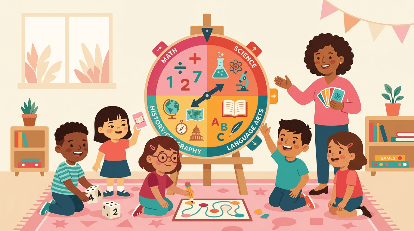 Diverse students and a teacher engage with an educational game wheel featuring icons for math, science, reading, and history.