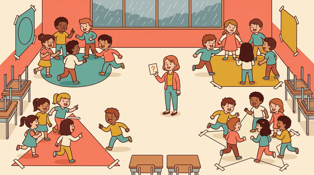 Diverse students play a corner game in a rainy classroom while a teacher watches.