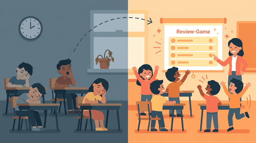 A split illustration shows a tired classroom transforming into an energetic one with students excitedly playing a review game.