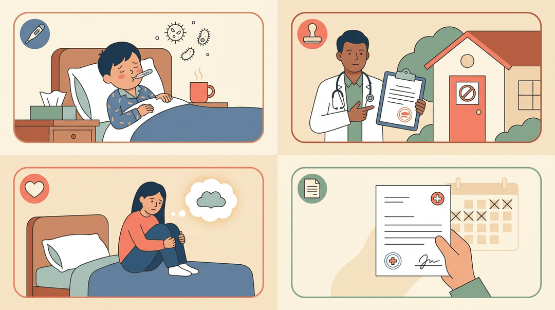 Four panels show reasons for excused absences: illness in bed, quarantine order, mental health rest, and a doctor's note.