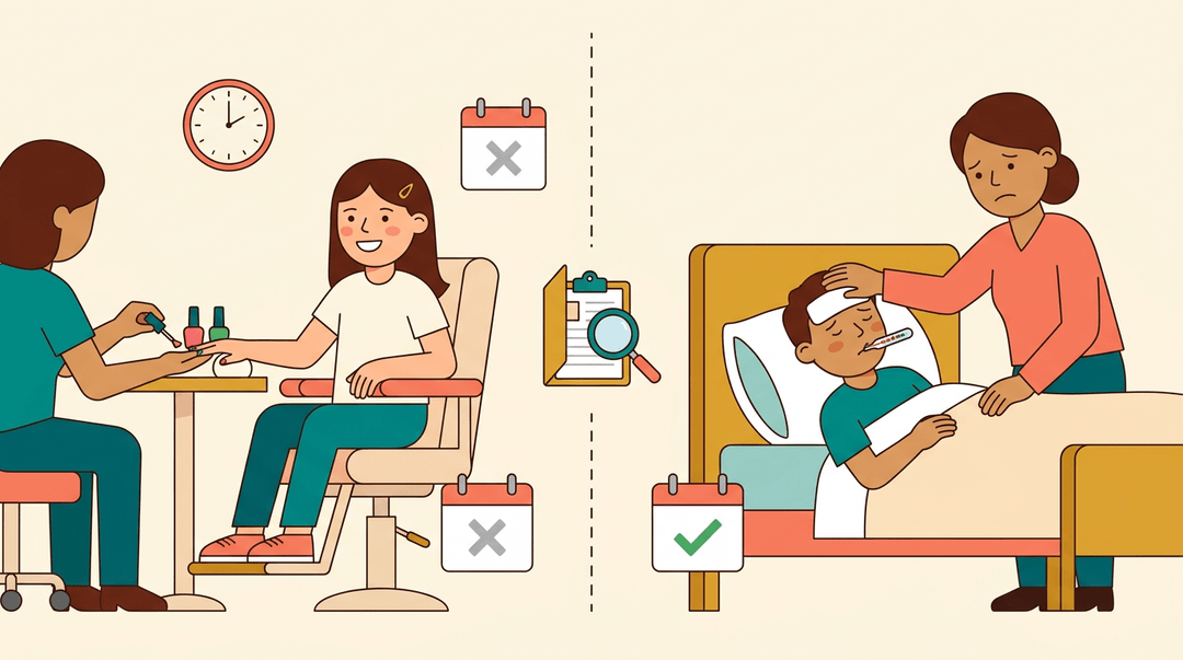A split illustration contrasting an unexcused nail salon visit with an excused sick absence, highlighting valid reasons for school attendance.