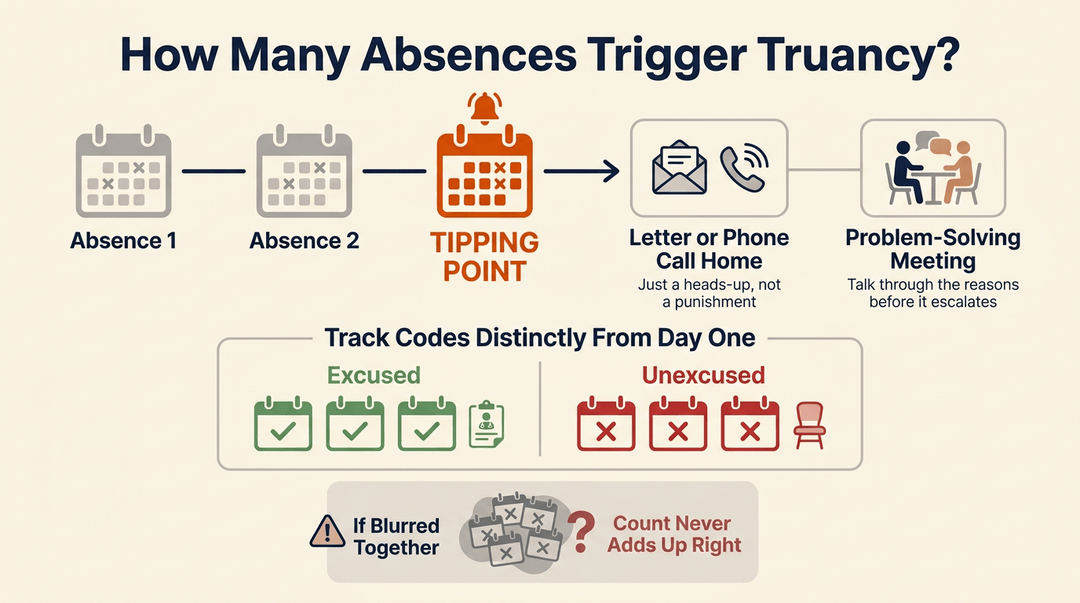 Infographic showing how absences trigger truancy steps, distinguishing excused from unexcused days to prevent counting errors.
