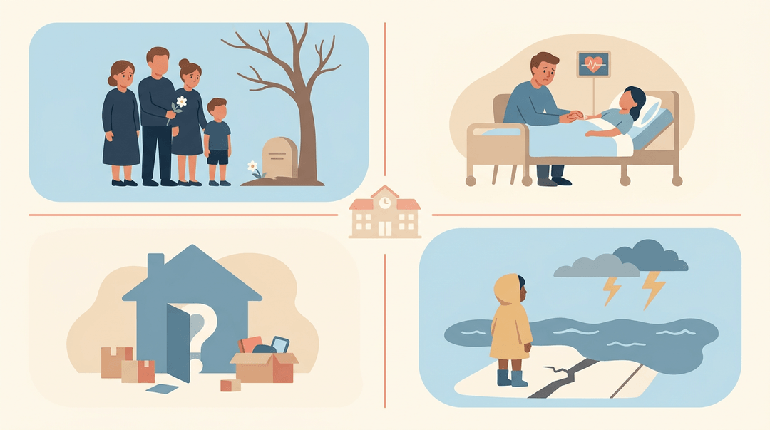 Four panels show reasons for school absence: death, illness, crisis, and weather.