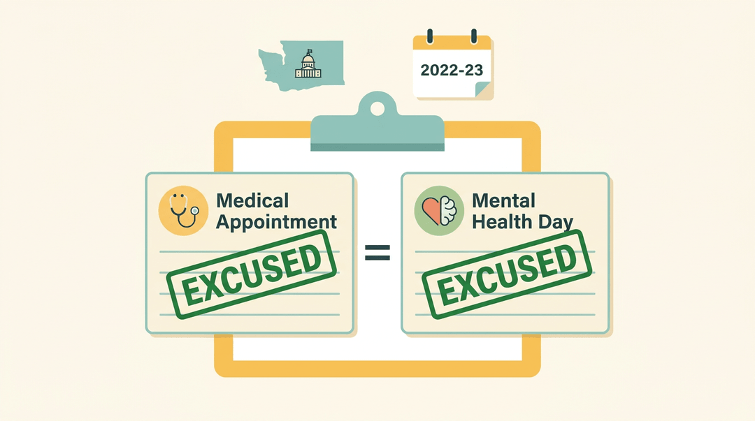 Two excused absence cards, one medical and one mental health, shown equally valid on a clipboard to represent the 2022-23 law change.