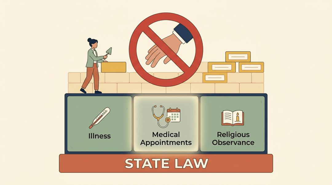 A person builds a wall of extra rules on top of a solid foundation labeled State Law, which includes Illness, Medical Appointments, and Religious Observance.
