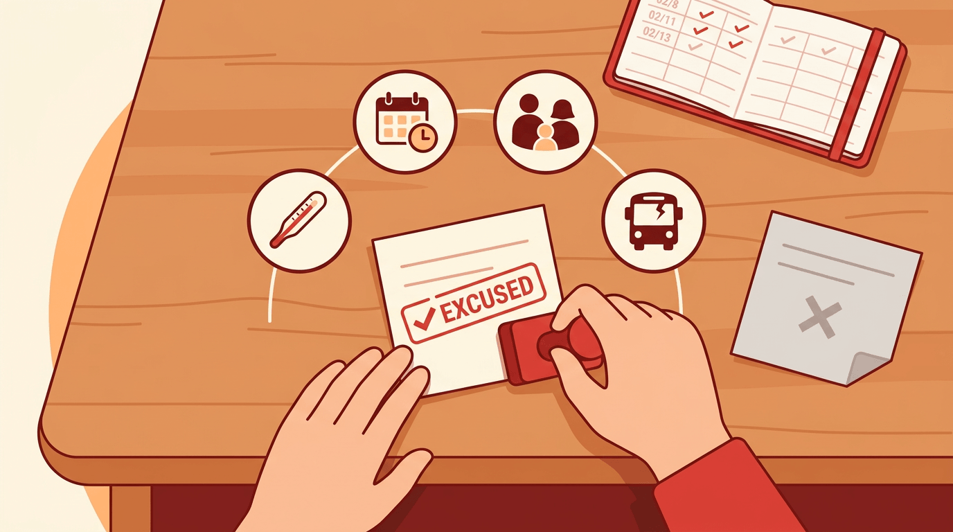 A hand stamps "EXCUSED" on a note, surrounded by icons for valid absence reasons, while a muted note with an X represents unexcused absences.