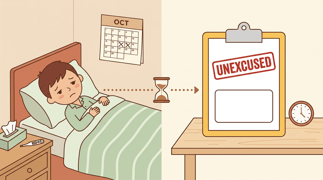A sick child in bed connects via an hourglass to a school folder stamped