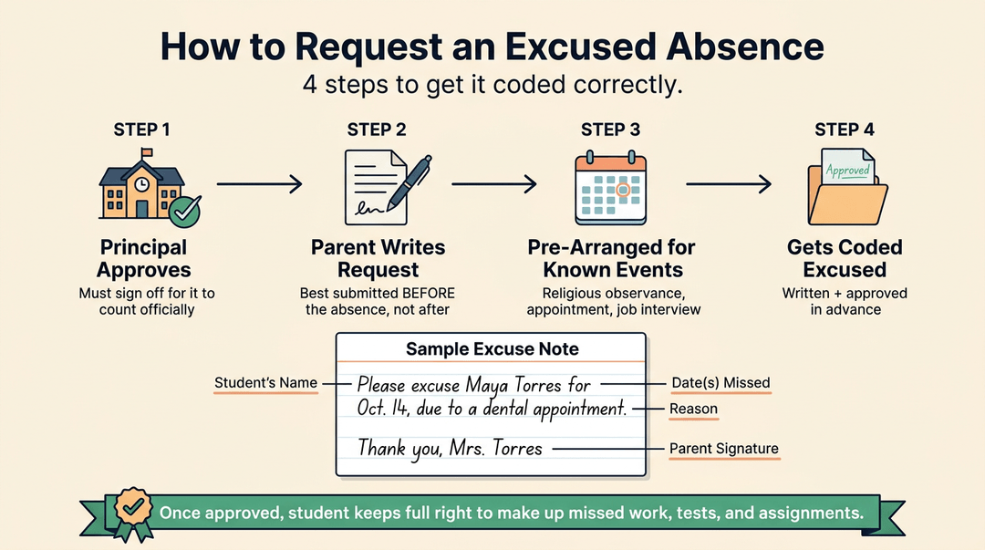 Infographic showing 4 steps to request an excused absence and a sample note template for teachers.