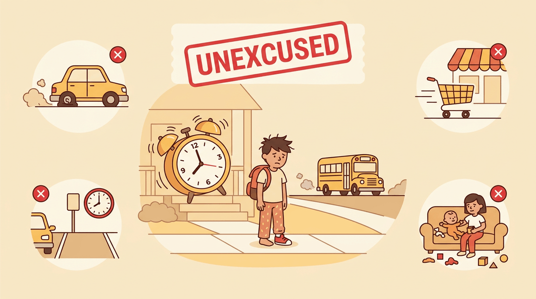 A child misses the bus in pajamas under an
