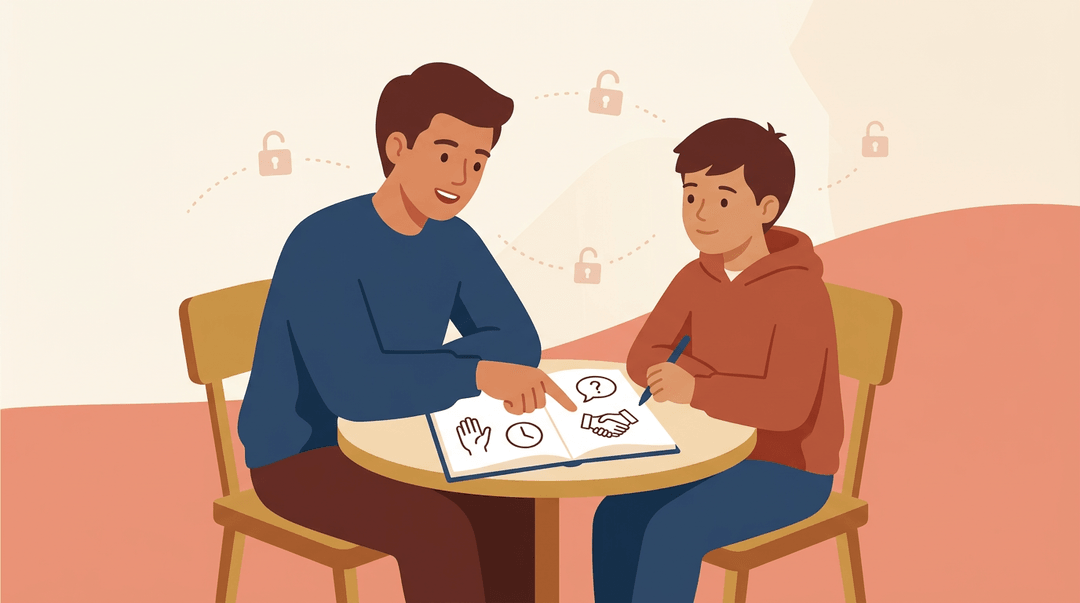 Two students sit at a table, one pointing to a notebook filled with icons representing unspoken school rules.