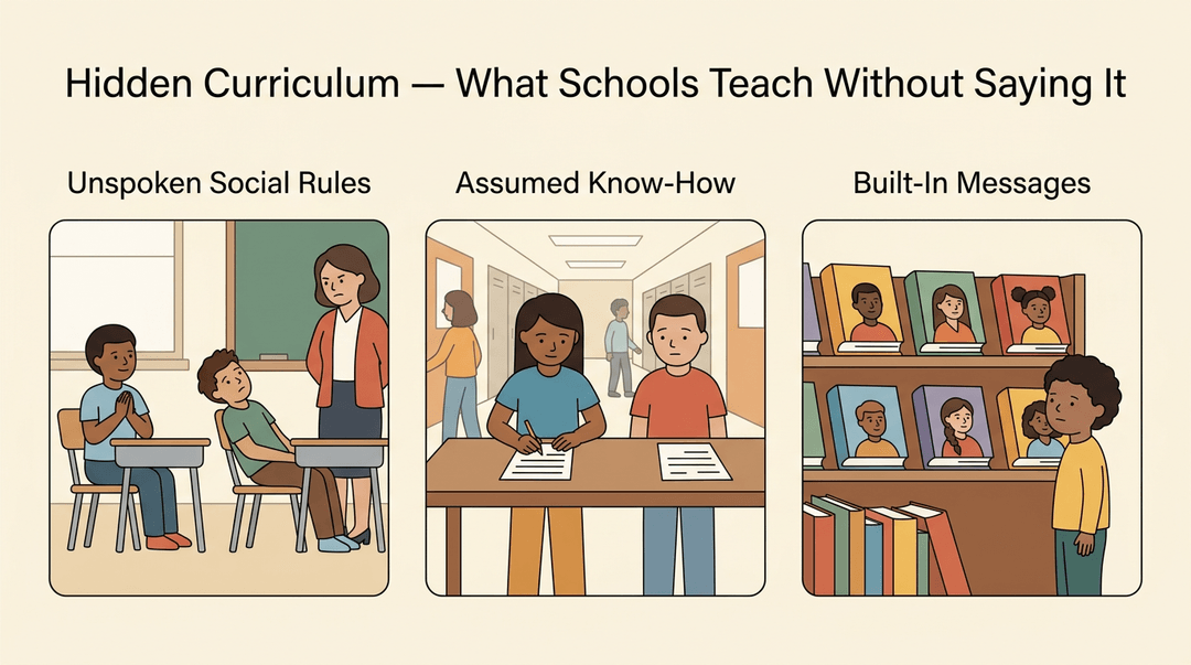 Three illustrative cards show unspoken social rules, assumed know-how, and built-in messages within a school environment.
