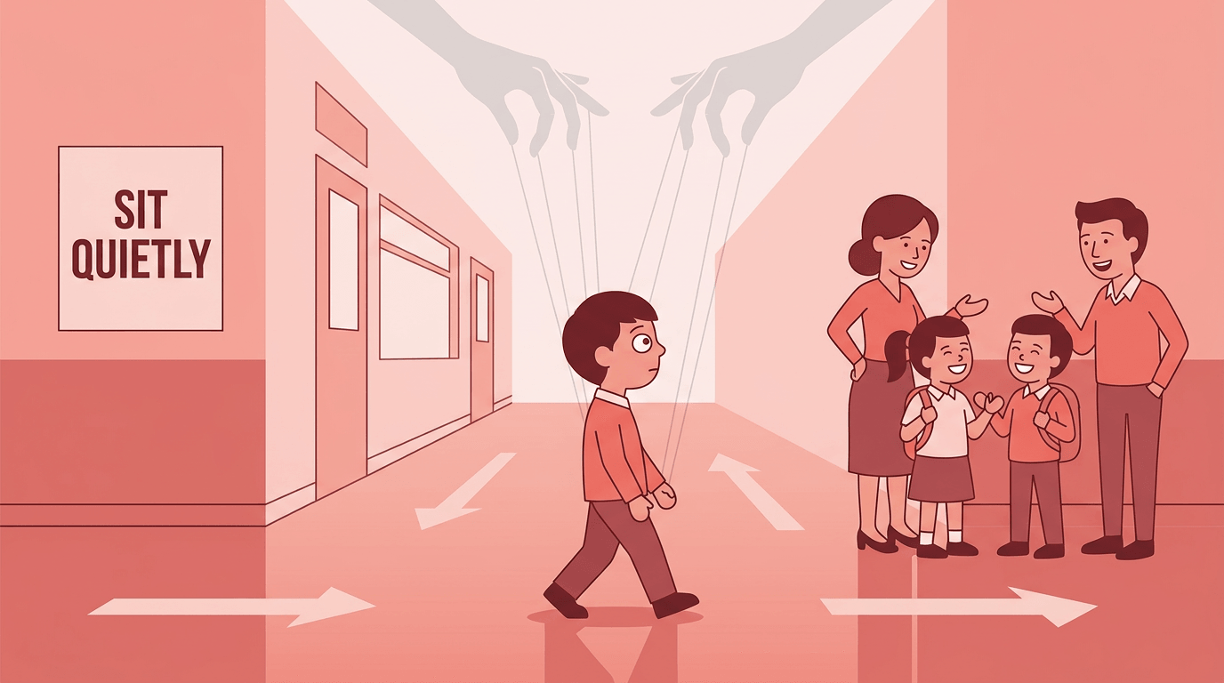 A student observes teachers laughing with other students, while a "SIT QUIETLY" sign and guiding hands loom.