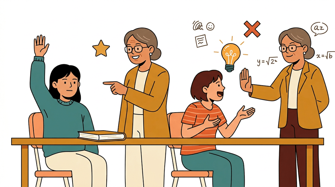 A student raising their hand is praised by a teacher, while an excited student with ideas is shut down.