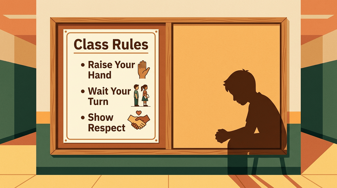 A bulletin board with class rules on the left and a shadow of a submissive student on the right.