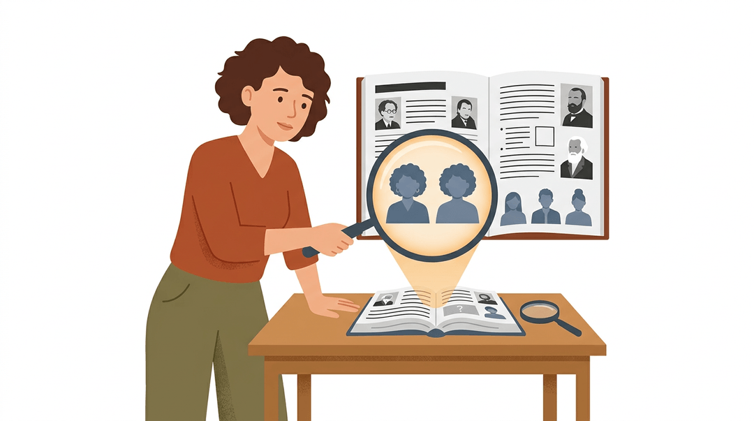 A teacher, magnifying glass in hand, observes a textbook where all figures are identical, highlighting a lack of diversity.