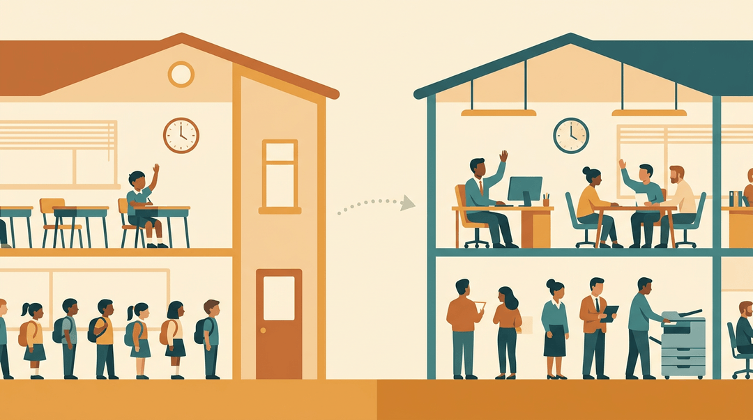 A cross-section illustration of a school building on the left and an office building on the right, connected by an arrow.