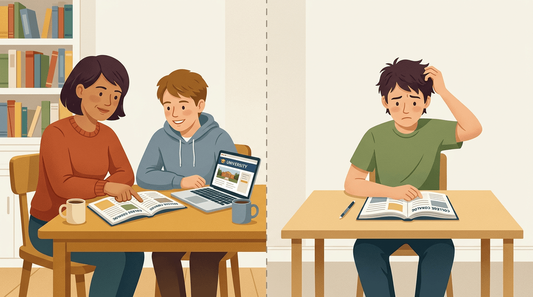 Two scenes contrast a guided student with a confident parent discussing college choices vs. a confused student alone with a catalog.