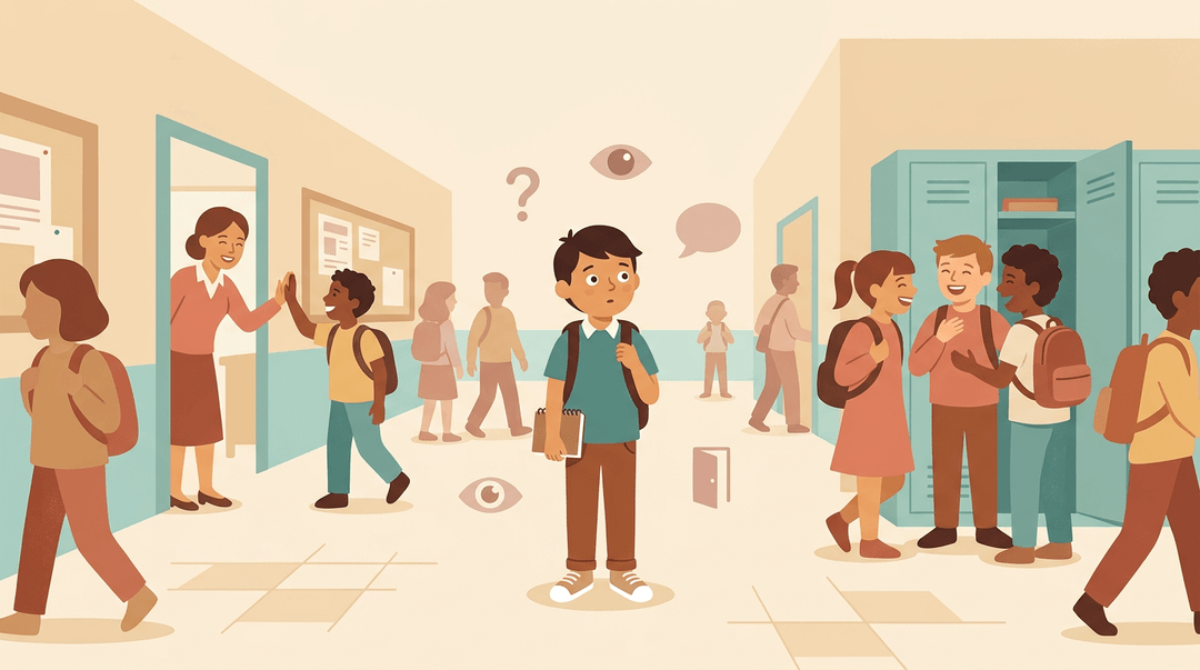 A new student observes confident classmates and a teacher in a busy school hallway, subtly absorbing social cues.