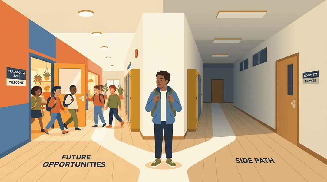 A student stands at a crossroads in a school hallway, choosing between a bright path to an inviting classroom and a dim, narrow corridor.