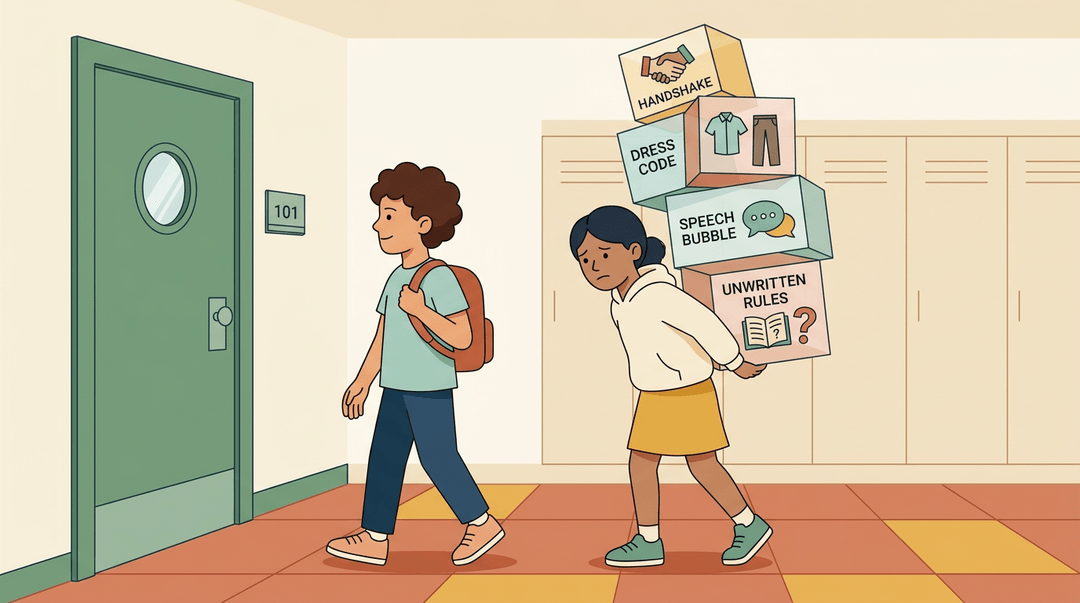 Two students stand by a door; one carries a light backpack, while the other strains under floating boxes of
