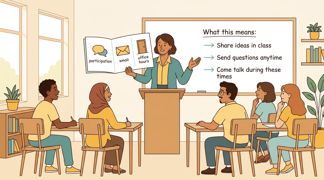 A teacher in a bright classroom holds a syllabus document with icons for participation, email, and office hours to attentive students.