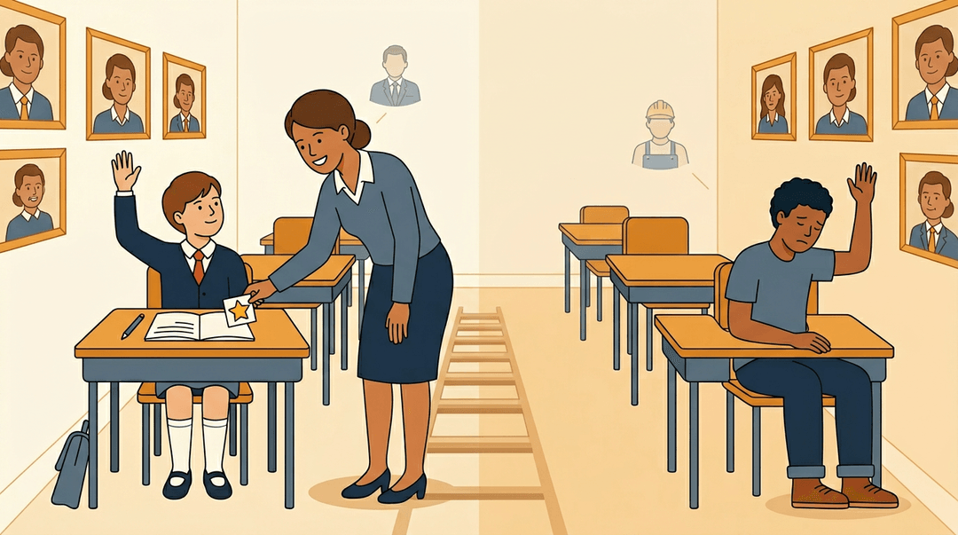 A classroom scene contrasts a teacher rewarding an attentive student with an overlooked student, subtly reflecting workplace inequality.
