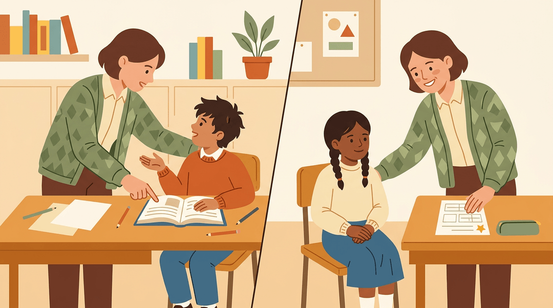 A divided classroom scene shows a teacher actively engaging a boy on the left and gently affirming a quiet girl on the right.