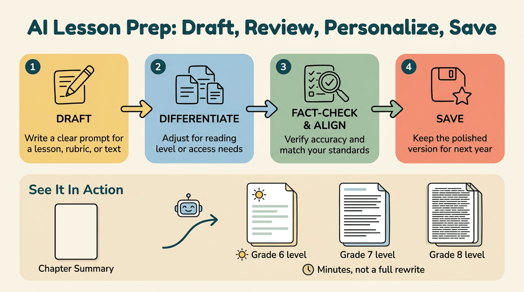 Infographic showing AI lesson planning steps: draft, differentiate, fact-check, and save, with an example of adapting content for different grade levels.