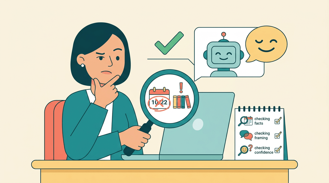 A teacher uses a magnifying glass to spot errors on an AI-generated screen, symbolizing critical fact-checking.