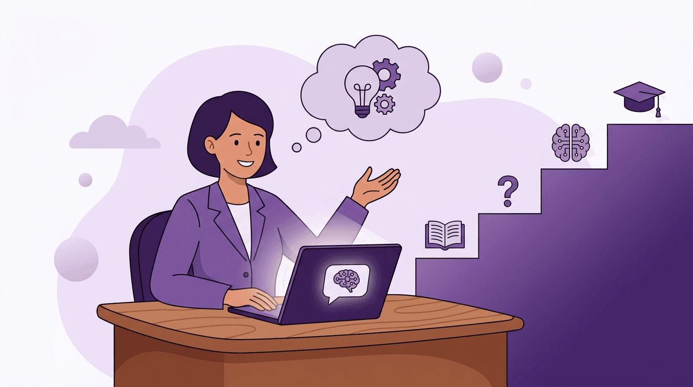 Teacher at desk with AI laptop, thought bubble of lightbulb and gears, and a staircase icon journey toward mastery.