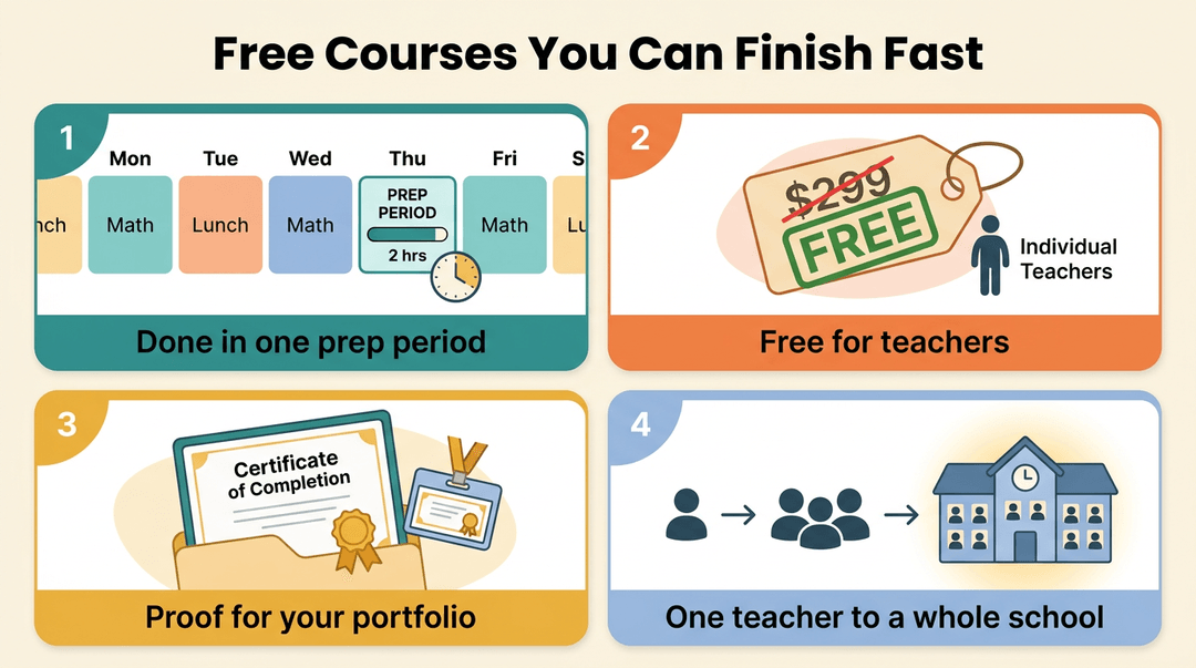 Four cards show free courses fit in prep time, cost nothing, earn certificates, and scale to whole schools.