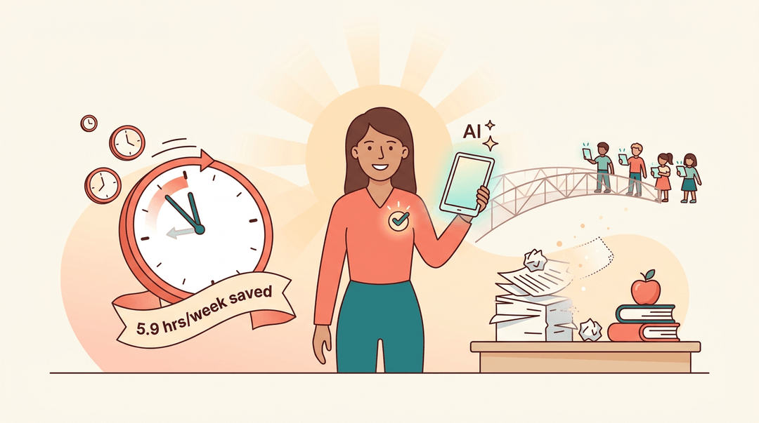 A confident teacher holds a tablet while time saved and busywork fade, connecting her to students via a glowing bridge.