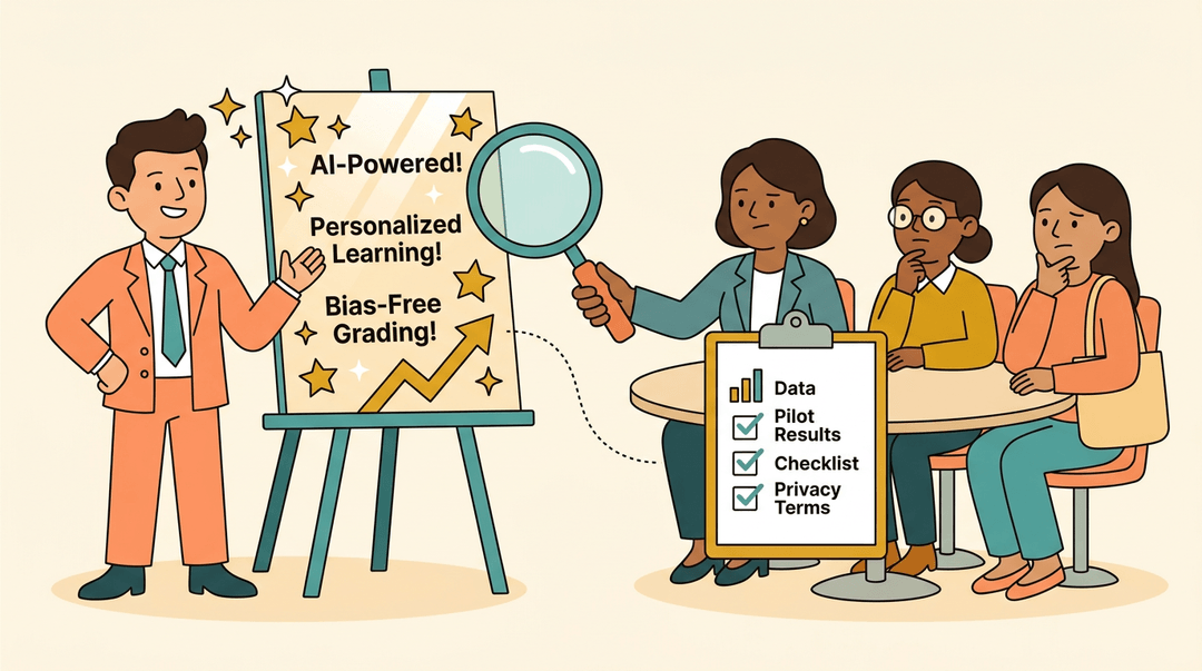 A skeptical educator and district leader inspect a vendor's flashy AI claims with a magnifying glass against a practical checklist.