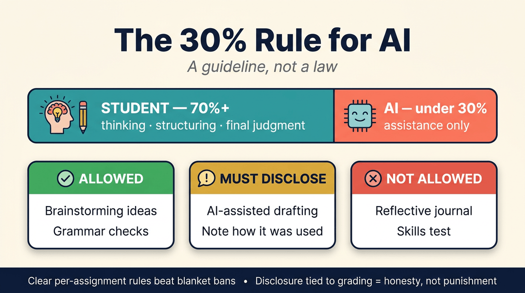 Infographic illustrating the 30% rule for AI, showing student thinking at 70% and AI assistance at 30%, with guidelines on allowed use and disclosure.