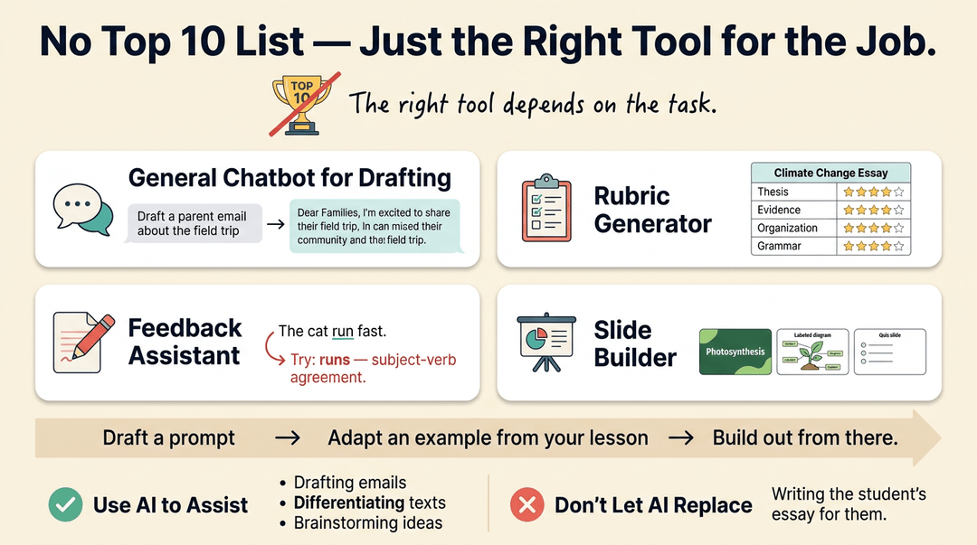 An infographic showing four AI tools for teachers: drafting emails, generating rubrics, giving feedback, and building slides, with tips on assisting rather than replacing students.