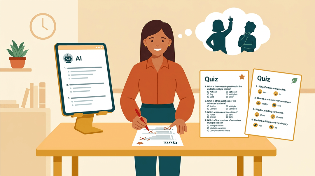 Teacher revises an AI quiz into personalized versions for different students, highlighting human judgment over automation.