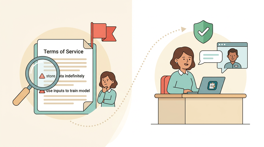 Teacher pauses at data privacy warnings in terms of service before proceeding with IT-approved safe approval.