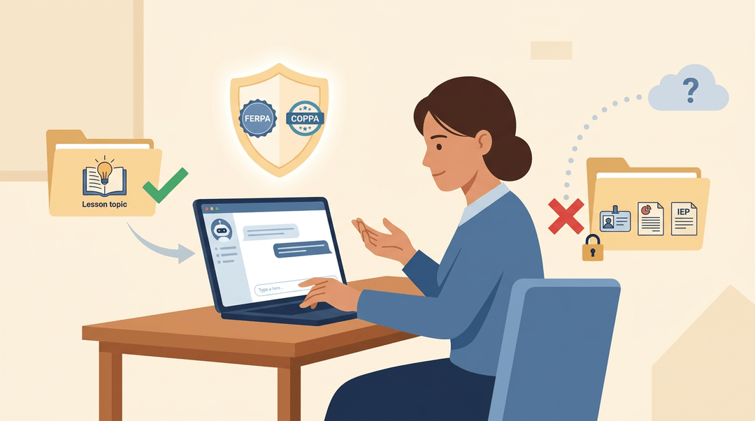 A teacher types into a chatbot while FERPA and COPPA shields protect student data, blocking sensitive files from leaving the system.