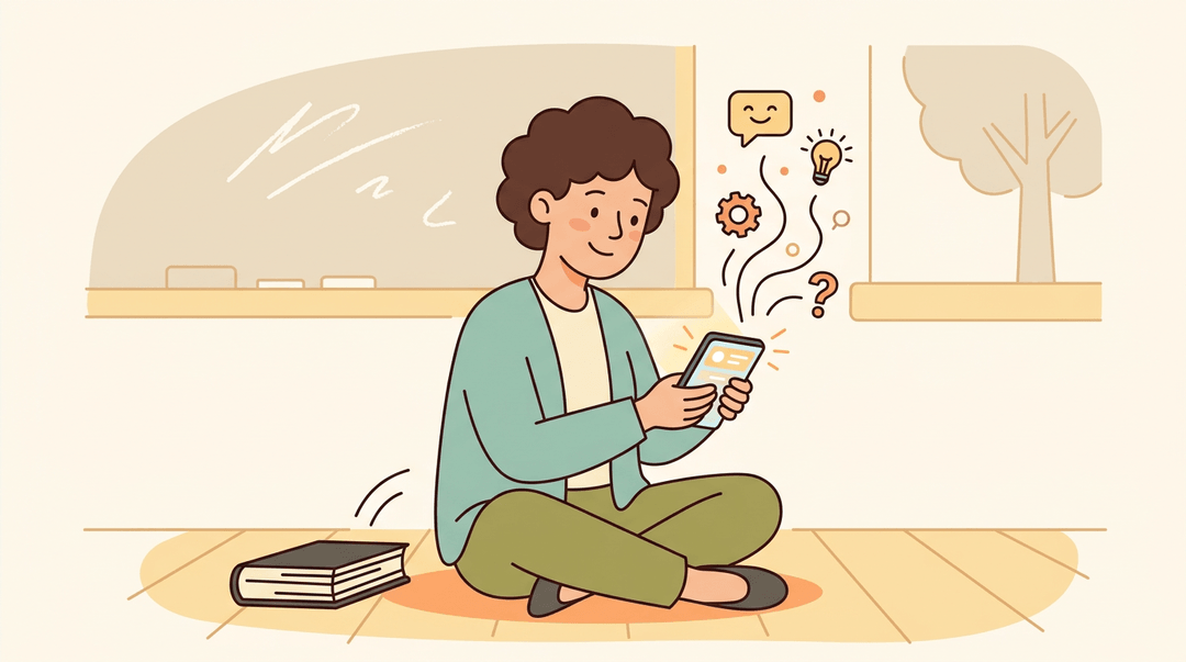 A teacher sits cross-legged exploring a glowing smartphone, with icons representing AI tools floating above.