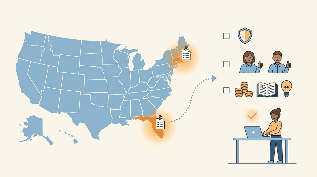 Map of US highlights MA and FL, leading to icons for compliance and training, ending with a confident teacher at her desk.