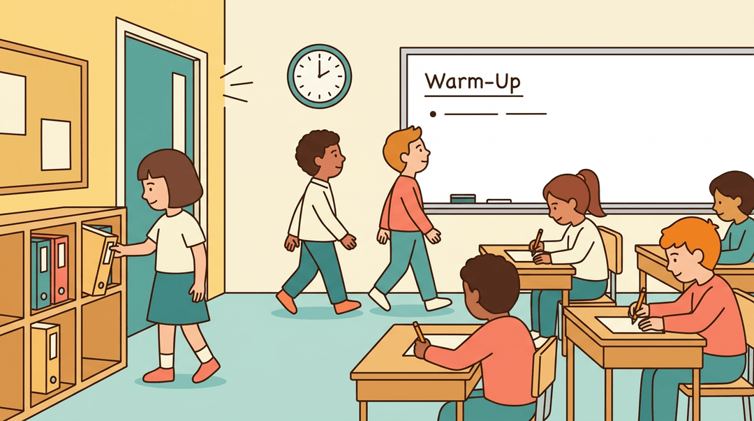 Students follow a calm morning routine, entering class, checking the warm-up board, and quietly starting work at their desks.