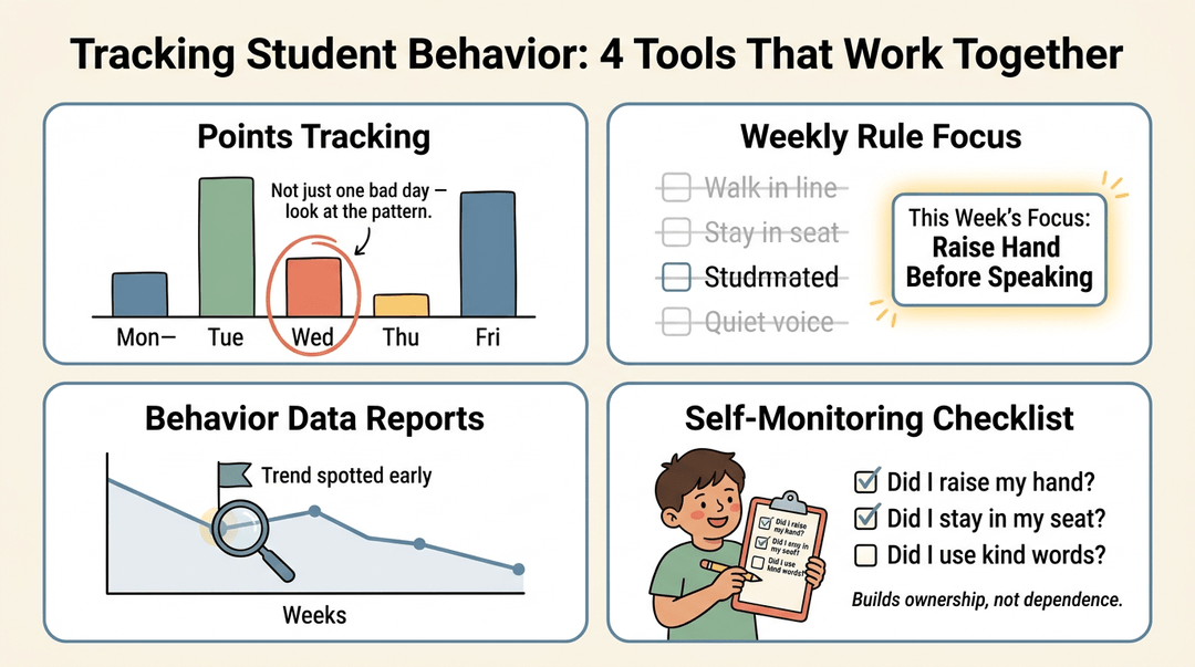 A 2x2 grid shows four behavior-tracking tools: points, rule focus, data reports, and self-monitoring.