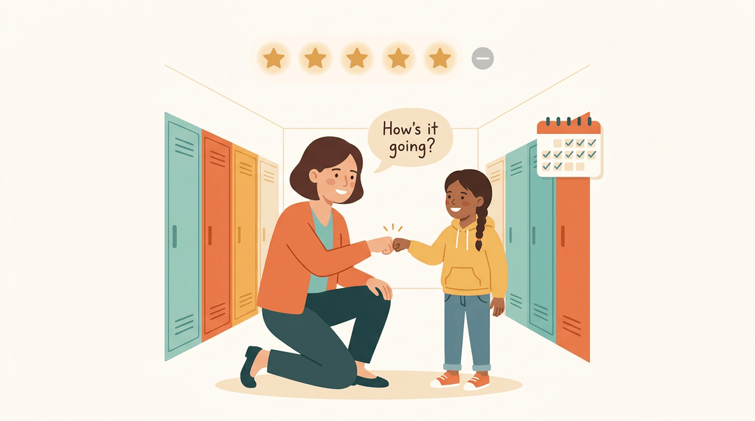 Teacher high-fives student in hallway, illustrating a 5-to-1 ratio of positive interactions.