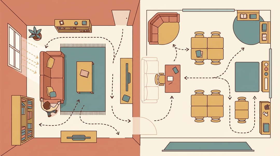 Split illustration comparing intentional home and classroom layouts with dashed arrows showing movement paths and spatial design.