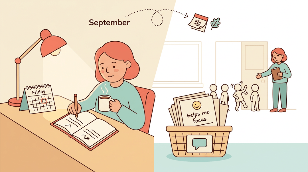 A teacher reflects at a Friday desk while exit tickets and student transitions are observed nearby.